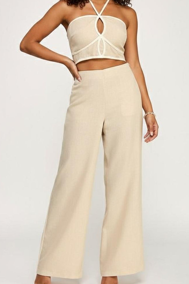 Set de blusa corta halter y pantalón largo - 45343STNATURAL