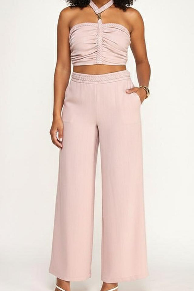 Set de blusa corta halter y pantalón largo hilo -45343STLPINK