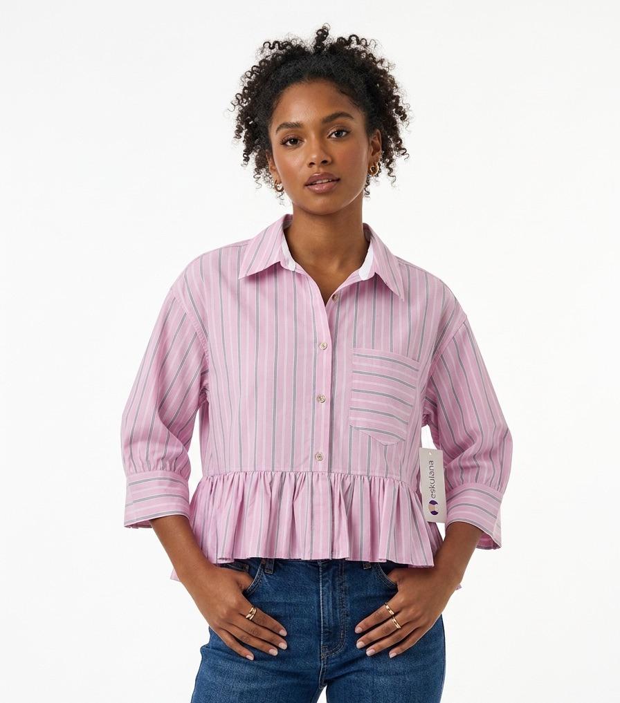 Blusa de botones rosa con rayas verdes - A4076