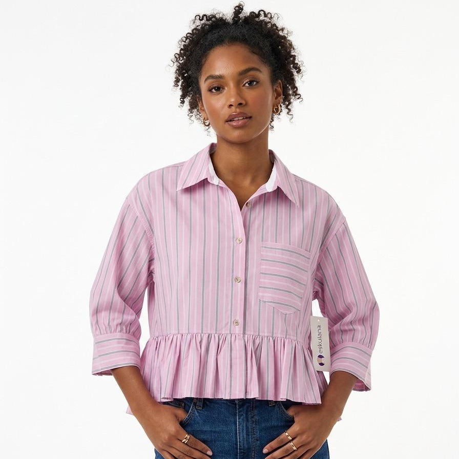 Blusa de botones rosa con rayas verdes - A4076