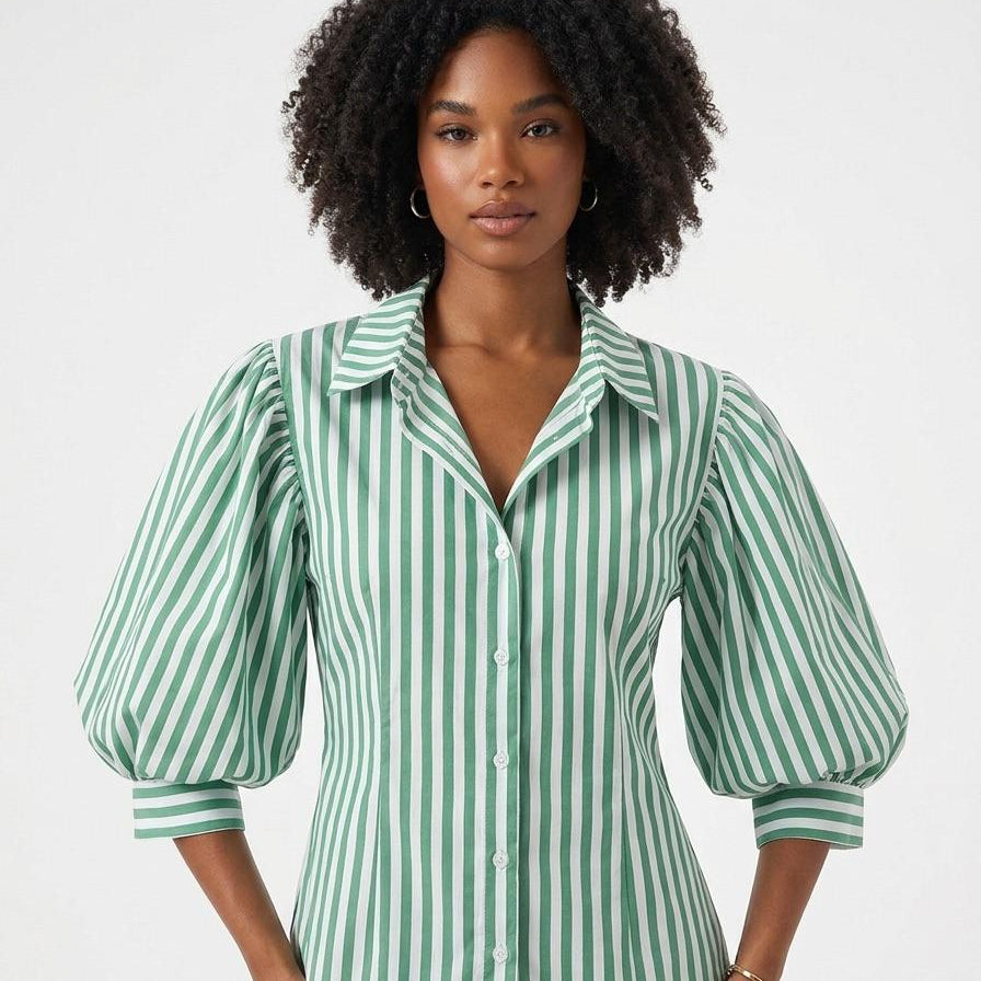 Blusa con mangas anchas de rayas verdes y blancas - A3970