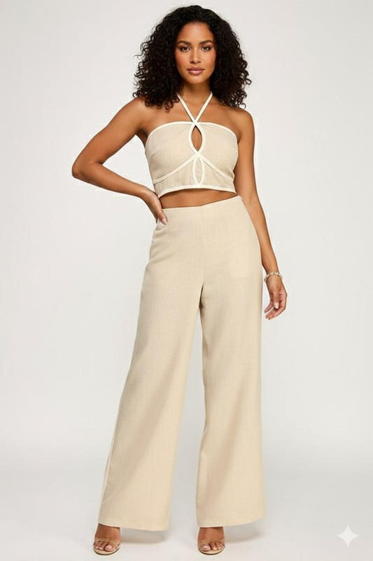 Set de blusa corta halter y pantalón largo - 45343STNATURAL