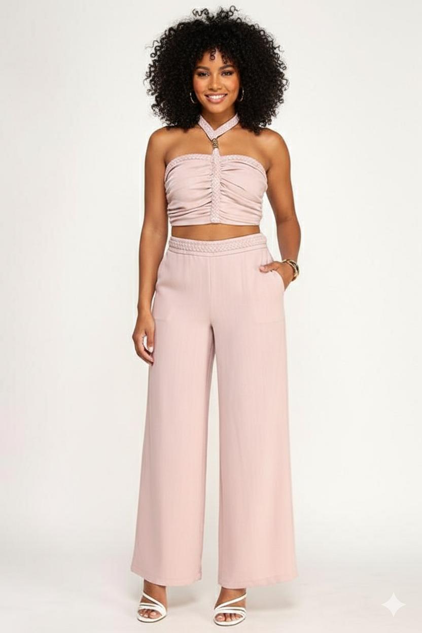 Set de blusa corta halter y pantalón largo hilo -45343STLPINK