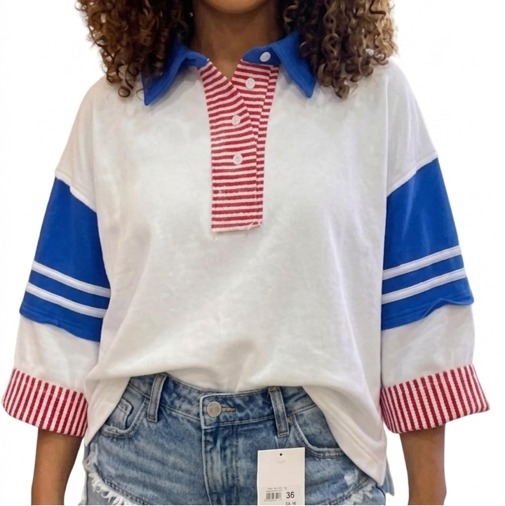 Top manga 3/4 blanco, azul y rojo - R7206