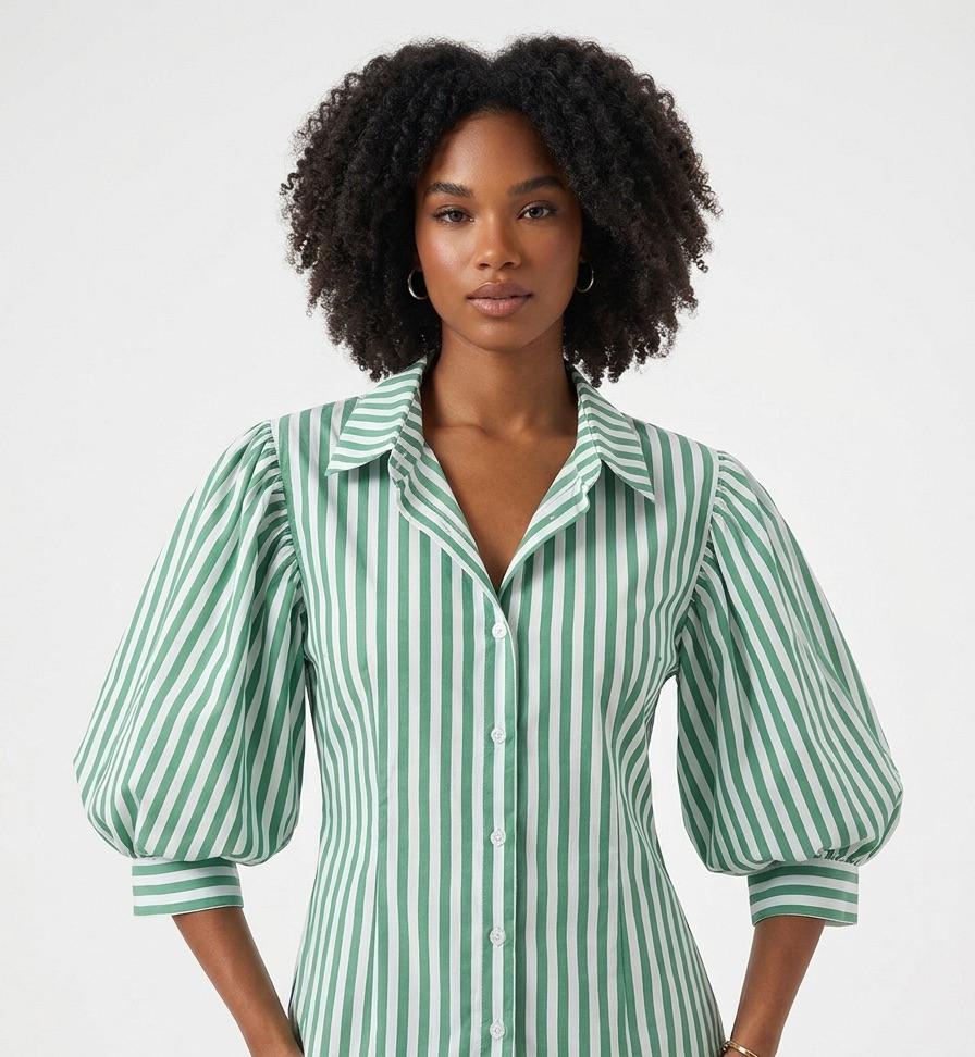 Blusa con mangas anchas de rayas verdes y blancas - A3970