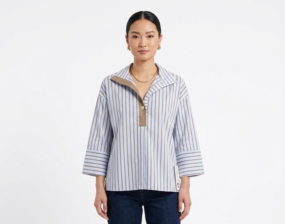 Blusa manga larga azul con rayas marrones - 1061049