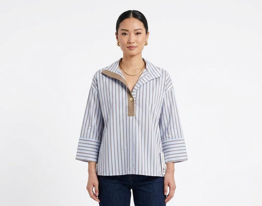 Blusa manga larga azul con rayas marrones - 1061049