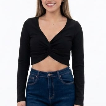 Plain twist long sleeve top - 1490-BLACK