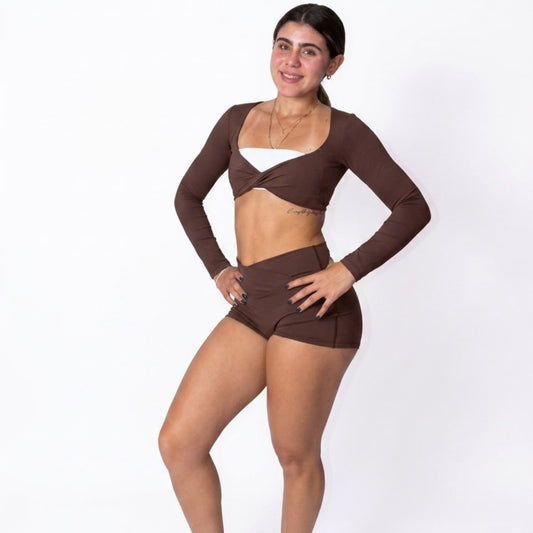 Set de crop top bra y short marrón YLS83SET-BROWN